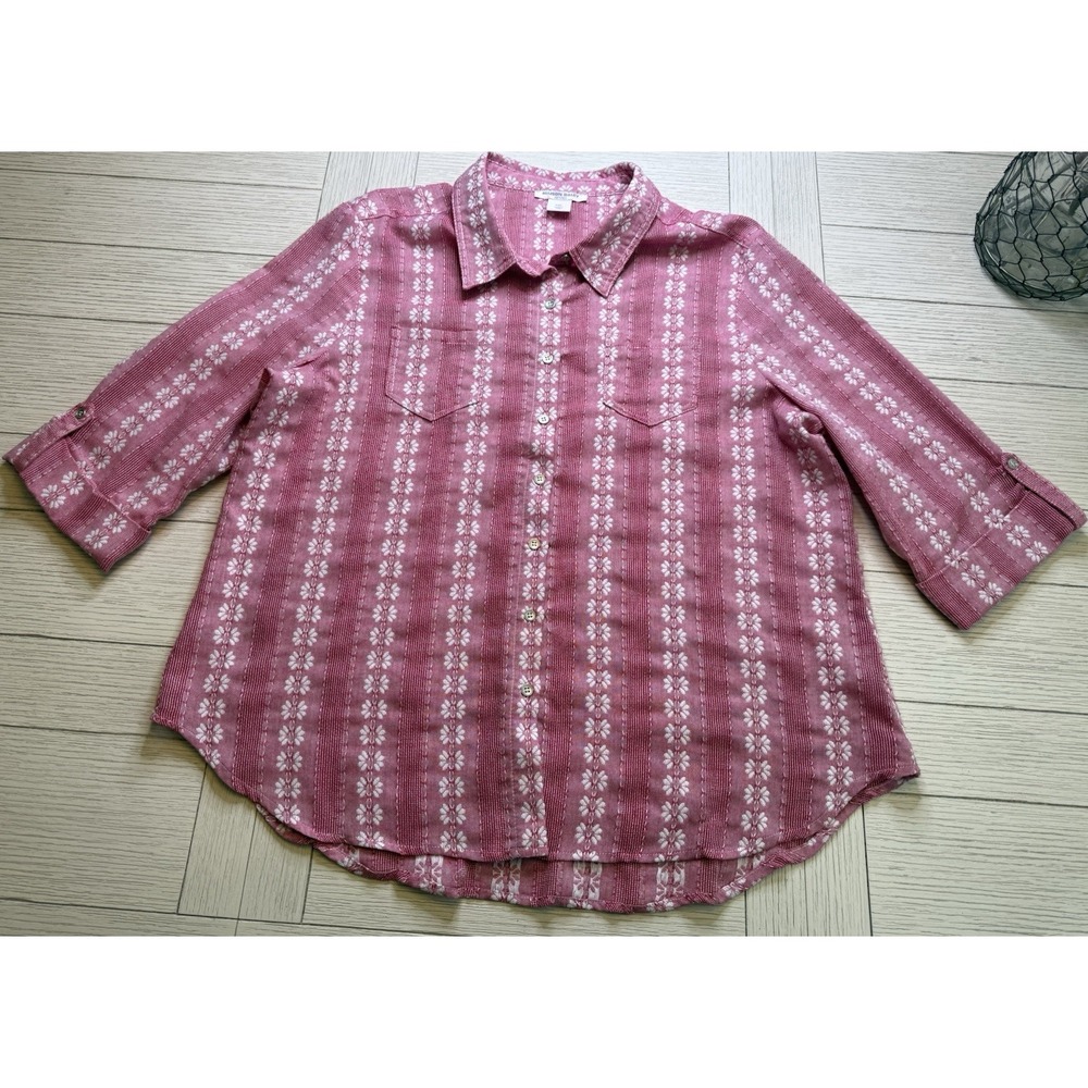 Allison Daley Women's Floral Print Red 3/4 Sleeve Button Down Shirt Petite XL